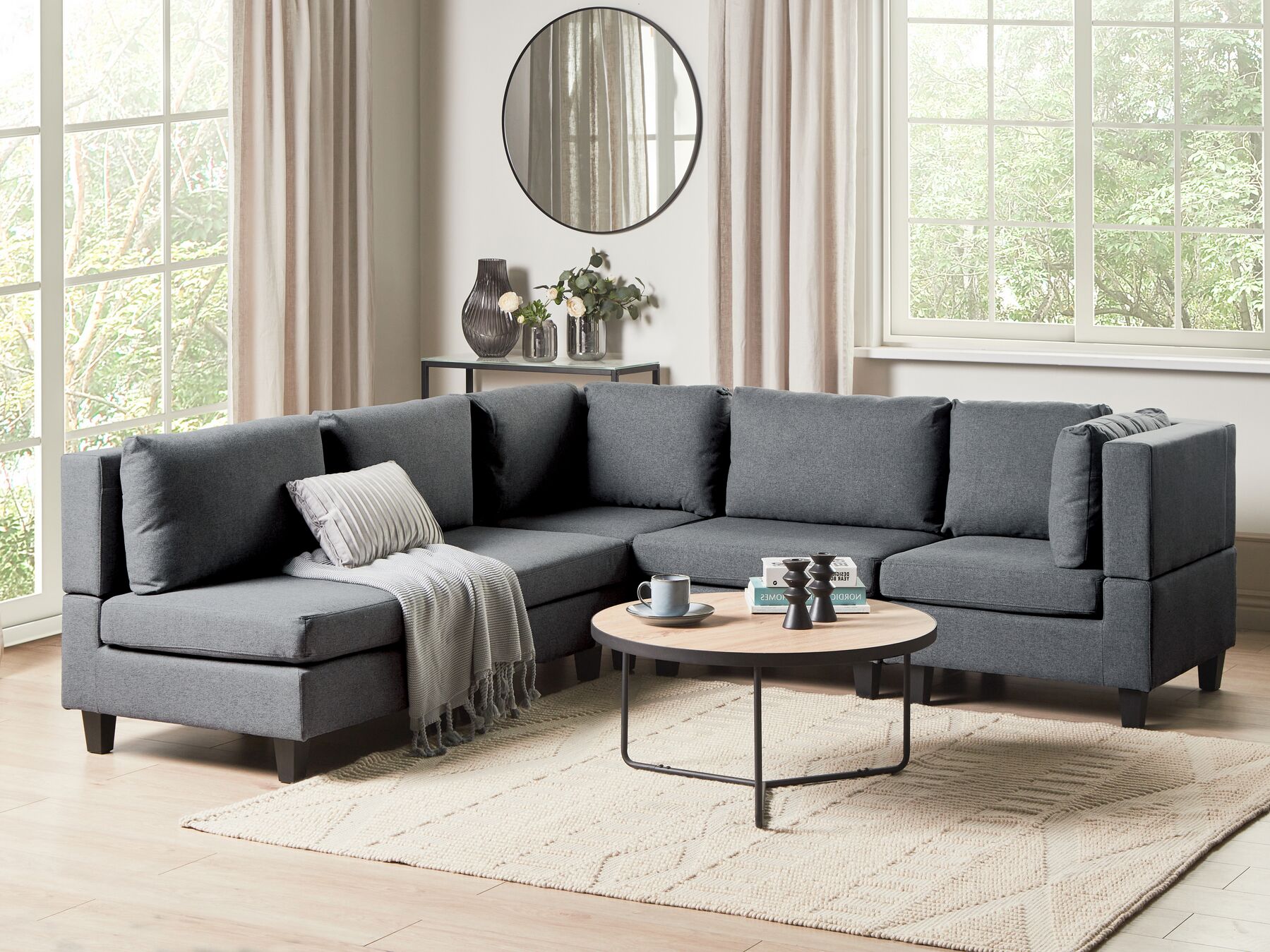 5 Seater Left Hand Modular Fabric Corner Sofa Dark Grey UNSTAD_924648