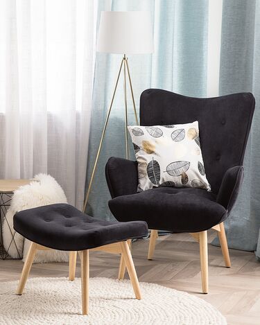 Velvet Wingback Chair with Footstool Black VEJLE