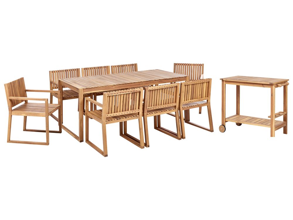 Conjunto de refeição de jardim com carrinho de cozinha 8 lugares SASSARI II Madeira de Acácia certificada Castanho claro