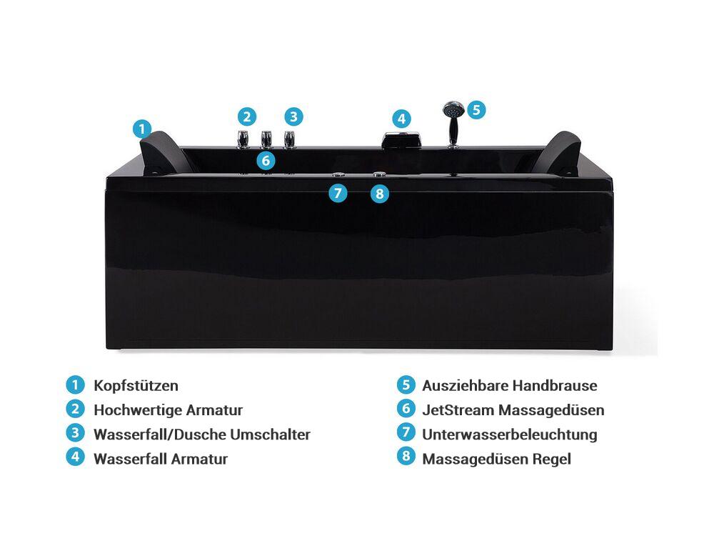 Whirlpool Badewanne Eckmodell mit LED VARADERO 183 x 90 cm Schwarz linksseitig_787095