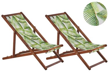 Set med 2 hopfällbara solstolar i akaciaträ och 2 ersättningstyger mörkt trä/off-white/grön palmbladsmönster ANZIO