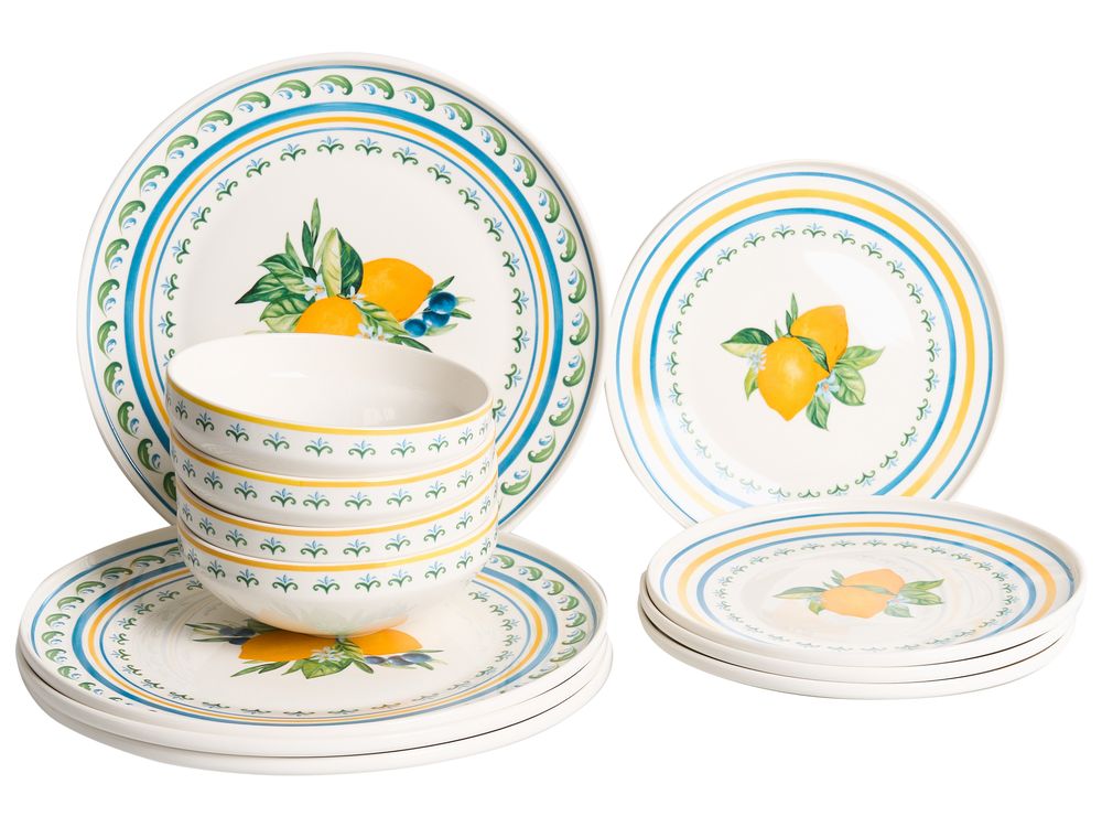 Set of 12 Dinnerware TARRAGON Porcelain White/ Green
