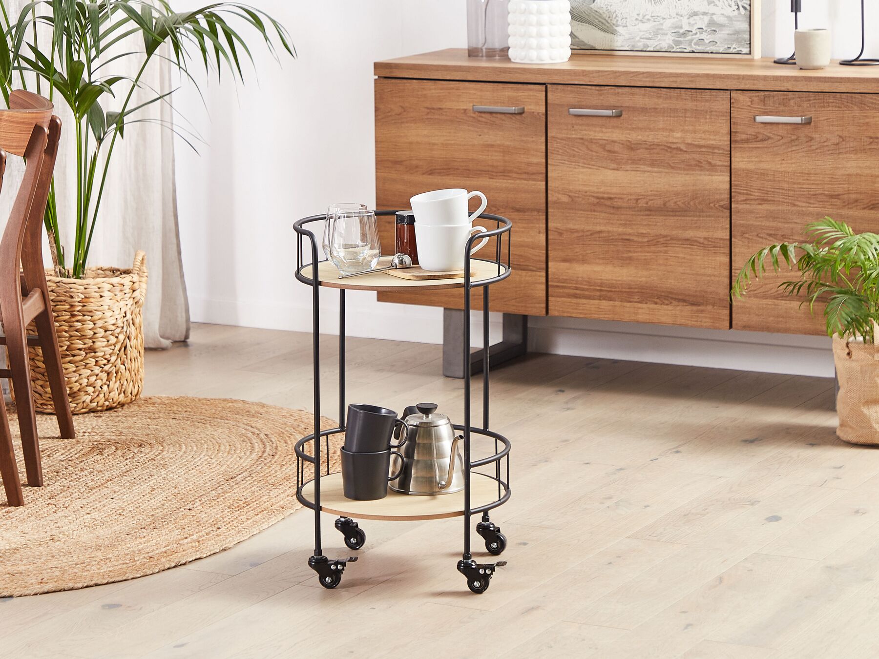 Metalowy wózek kuchenny 2-poziomowy jasne drewno z czarnym HIKO_817985