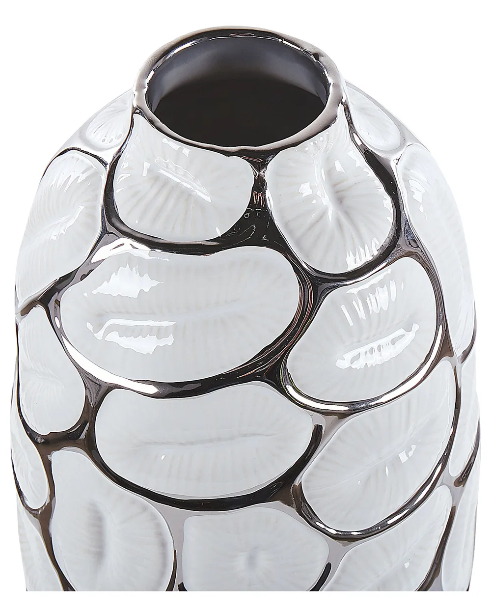 Vaso Decorativo In Ceramica, Design Etnico, Finitura Opaca, Colore Bianco E Argento, Altezza 30 Cm