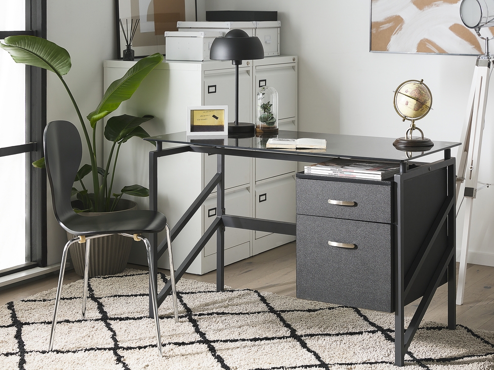 Black glass top desk with drawers discount