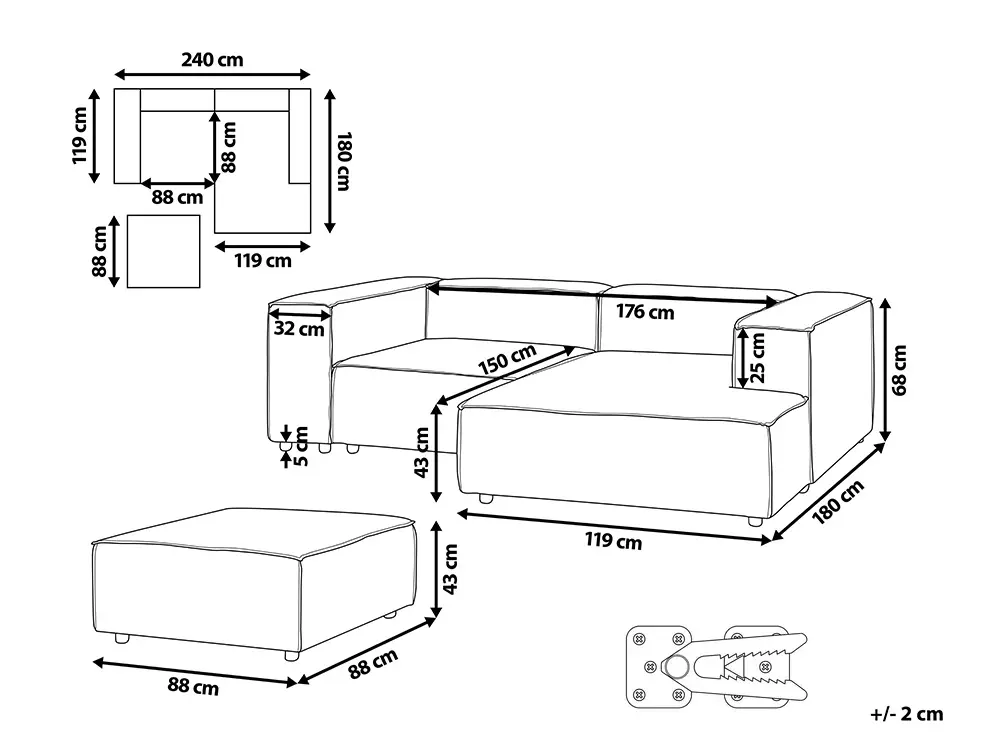 Modular Corner Sofa 2 Seater ARDAL with Ottoman Corduroy Off-White Left Hand_1008072