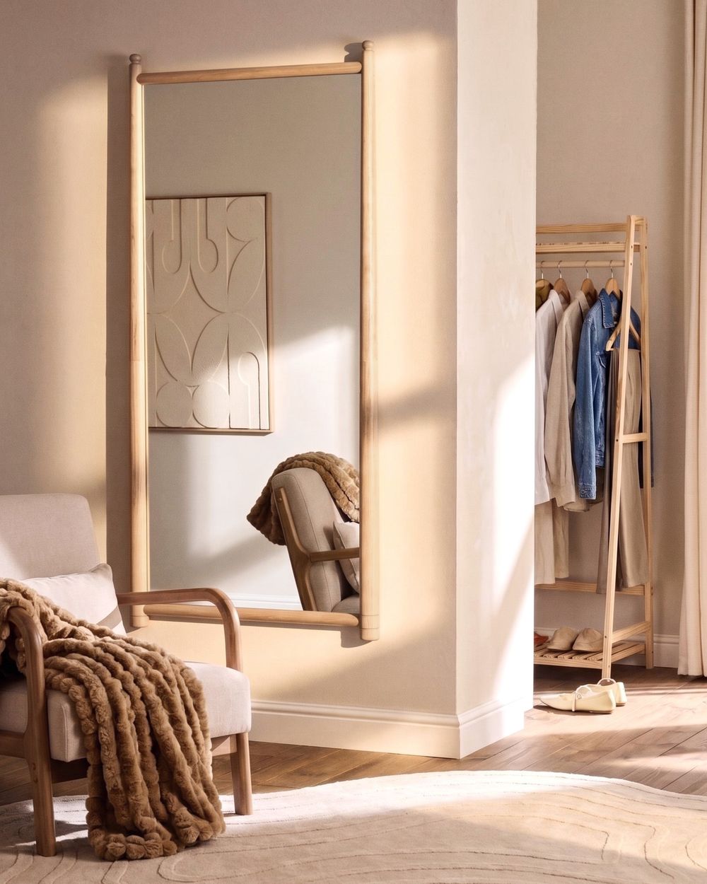 Wall Mirror CANET 90 cm 200 cm Paulownia Wood Light Brown
