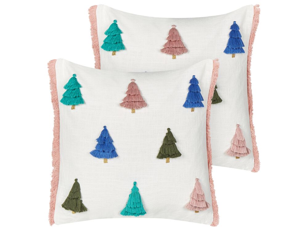 Set of 2 Decorative Cushions SKIMMIA 45 x 45 cm Cotton White Christmas Motif