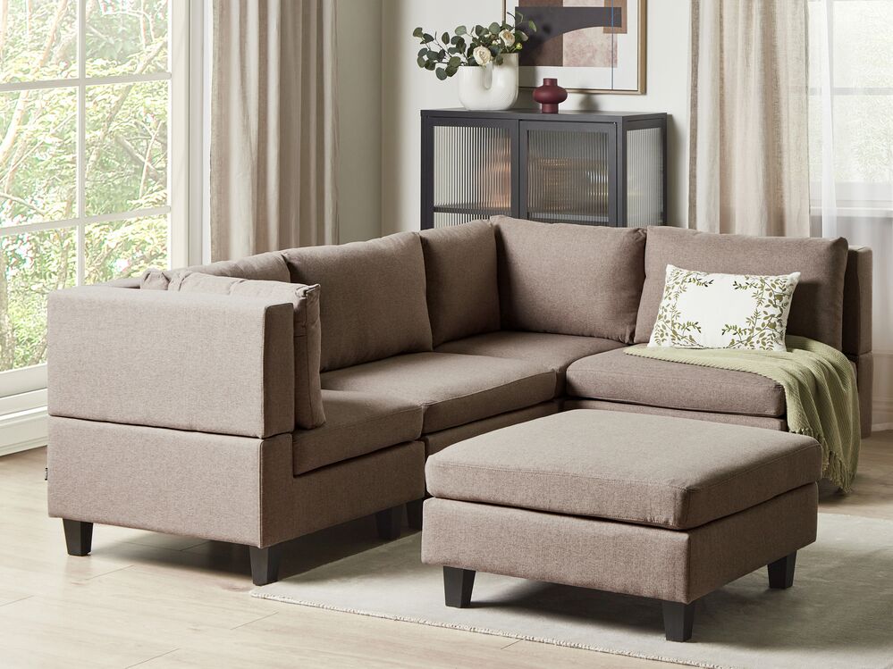 Modular Corner Sofa 4 Seater UNSTAD with Ottoman Fabric Brown Left Hand