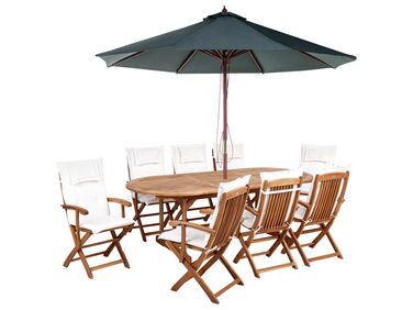 Ensemble de jardin 8 places en bois d'acacia avec parasol et coussins blanc cassé MAUI II