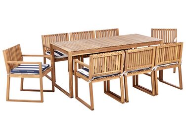8 Seater Certified Acacia Wood Garden Dining Set with Navy Blue and White Cushions SASSARI II