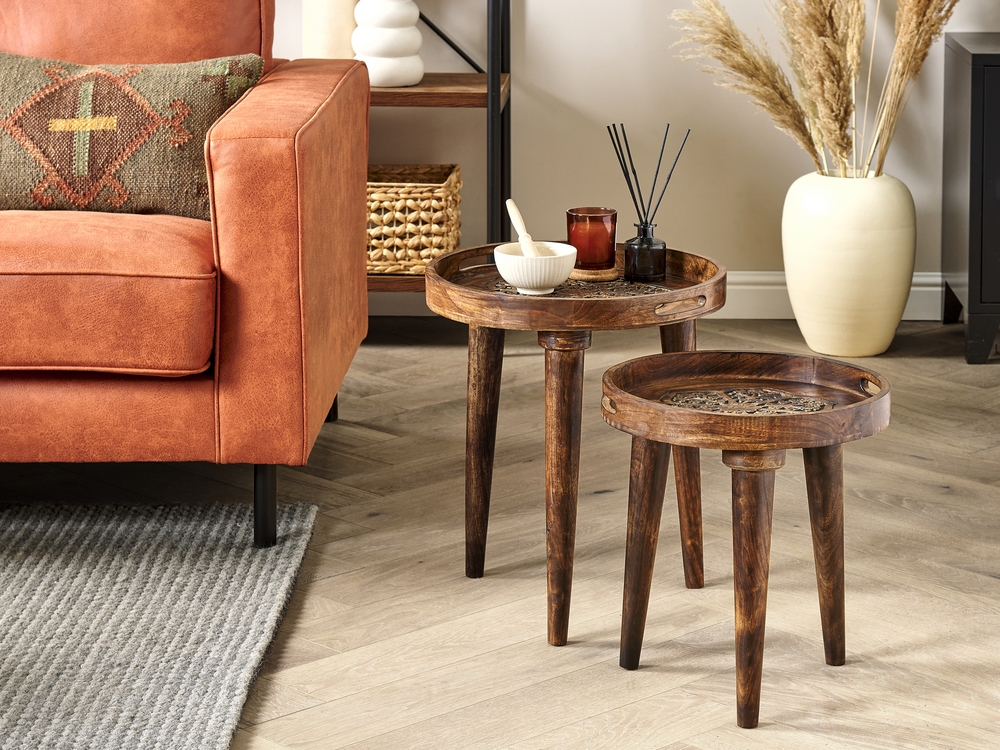Set of 2 Mango Wood Side Tables Dark ASTAI Beliani