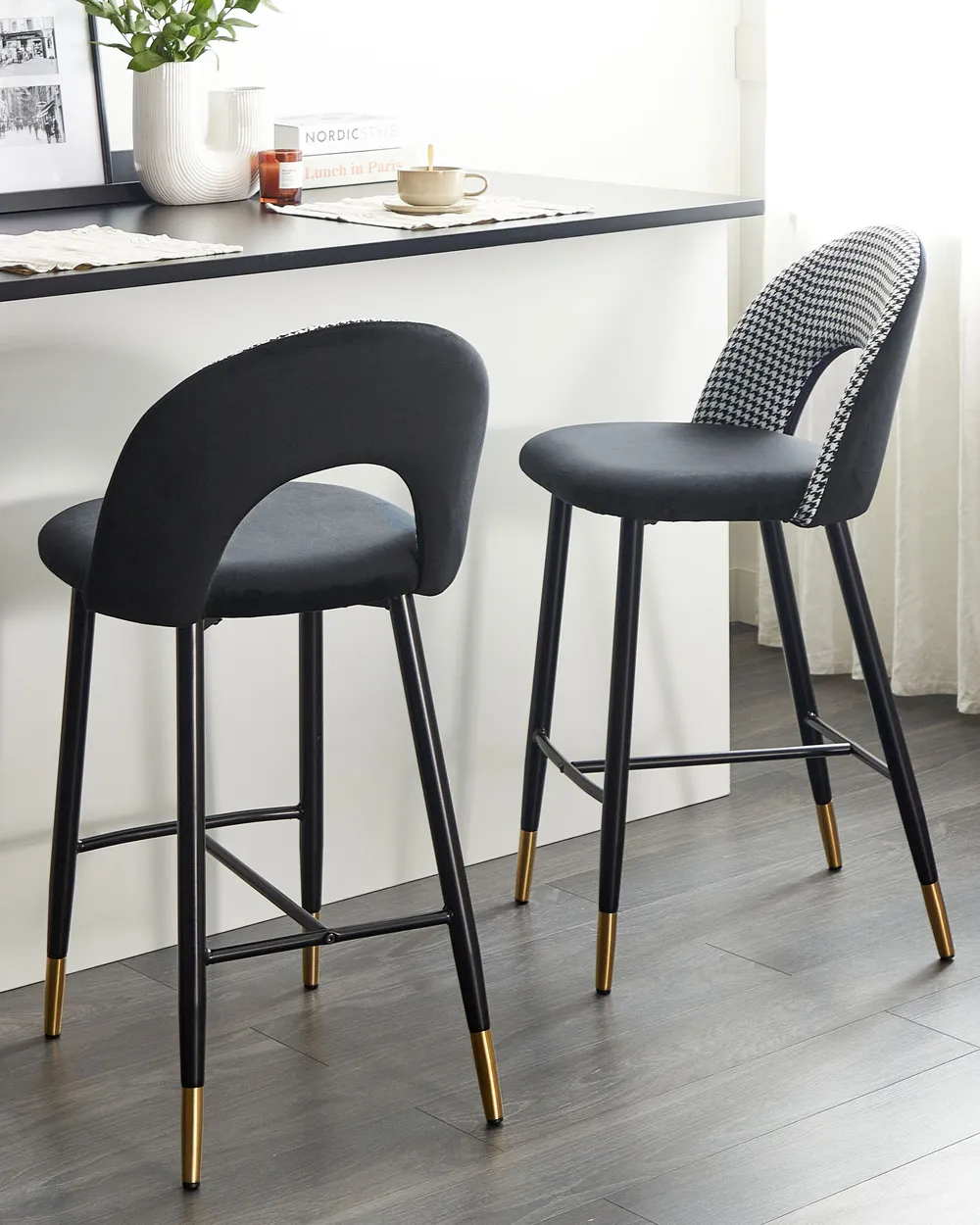 Set of 2 Bar Chairs FALTON Velvet Black/ White