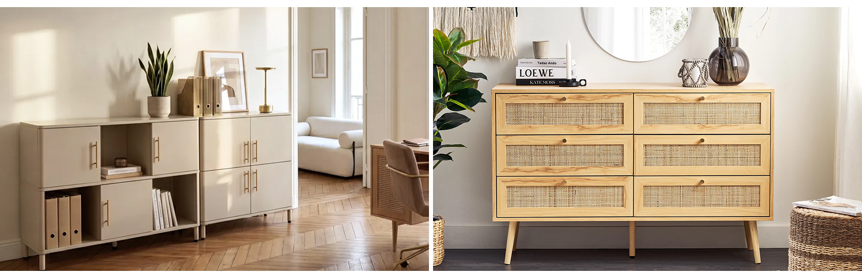 Collage showing two sideboards, first made of metal in industrial style, and the second classic wooden one.