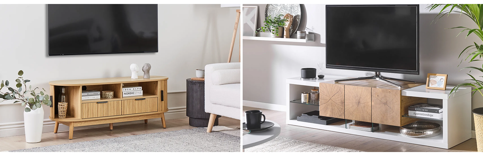 Collage showing different TV stands including boho and rustic style