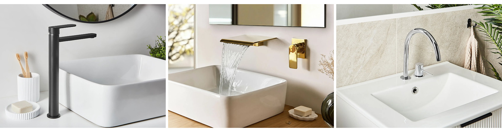 Three modern basin taps in black, gold and chrome finishes paired with white countertop sinks.
