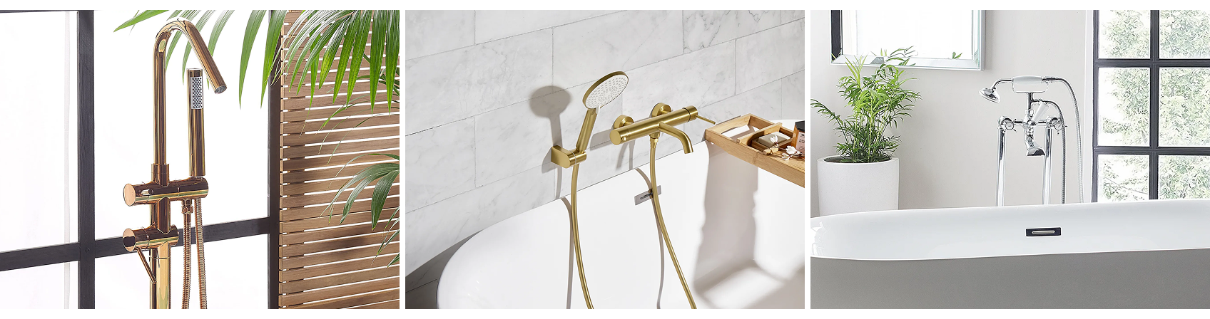 Three modern bath taps in gold and chrome finishes paired with white bathtubs.