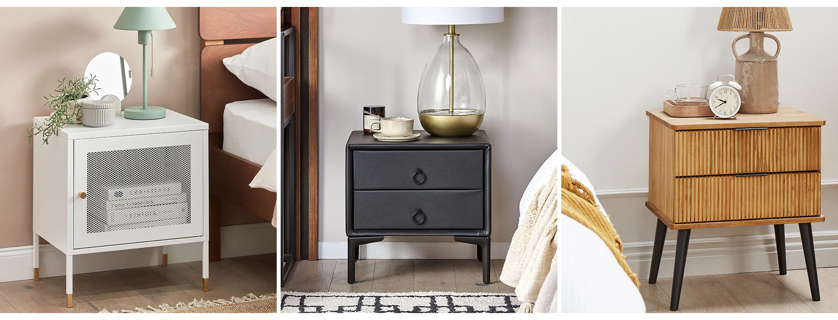Collage showing three bedside tables made from different materials, including wood and metal