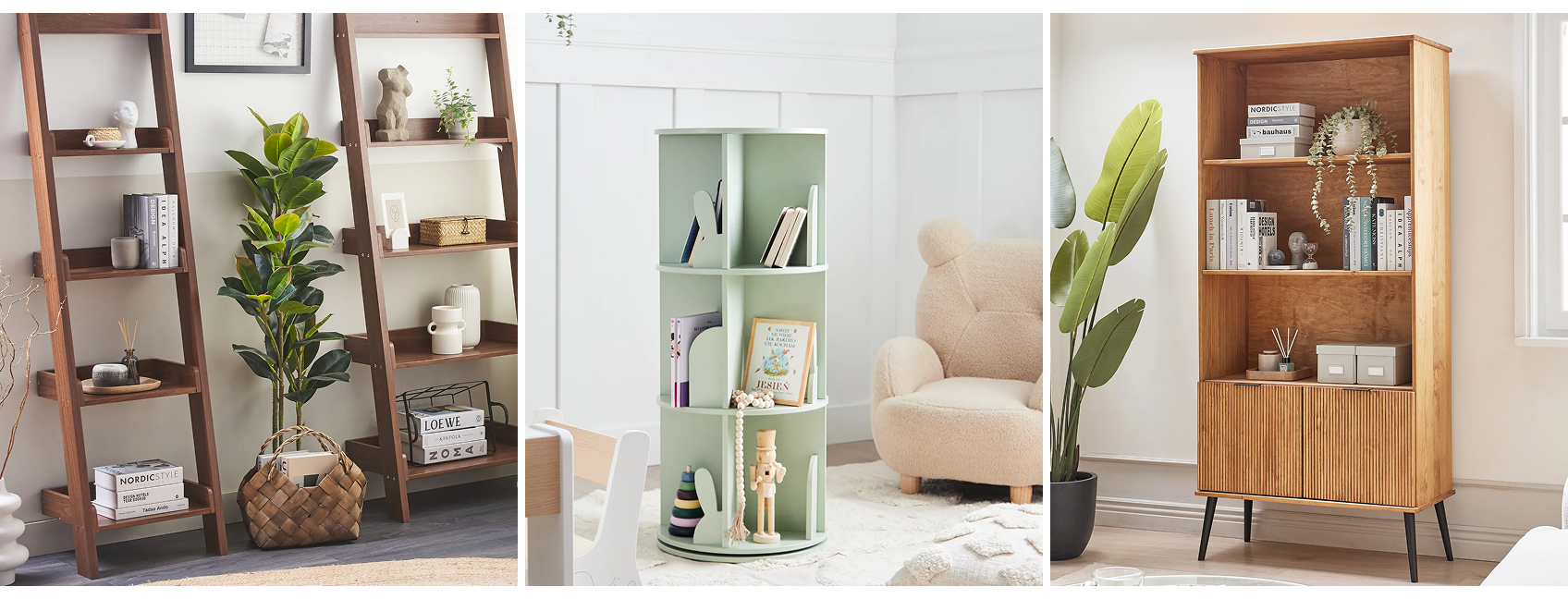Collage showing bookcases in different styles and designs, including ladder shelving unit and rotating bookcase