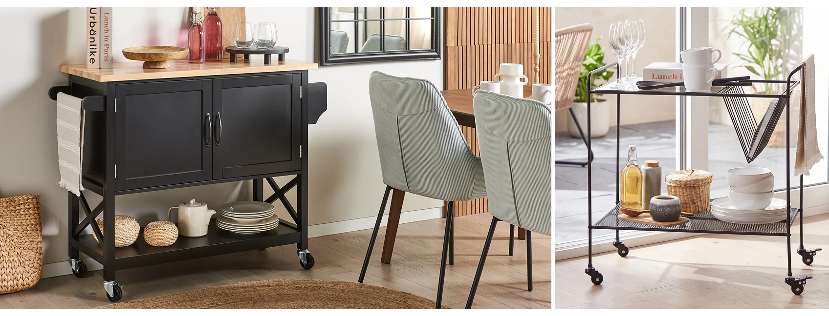 Collage showing two kitchen trolleys with different storage features like open shelves and closed compartments