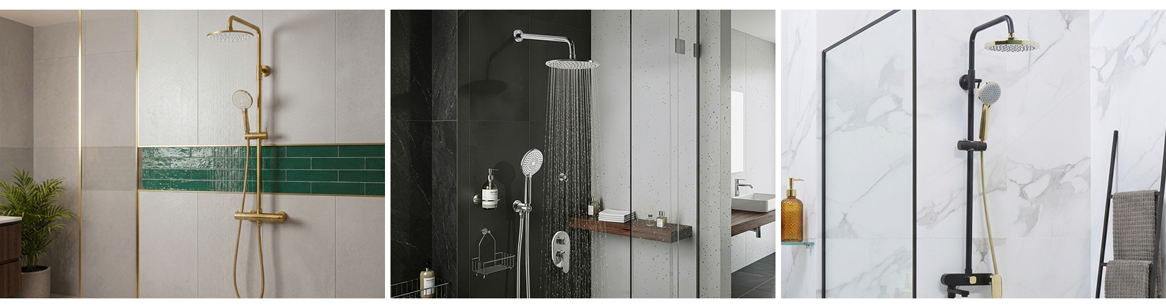 Three modern shower sets in gold, chrome and black finishes with rainfall shower heads and handheld sprays.
