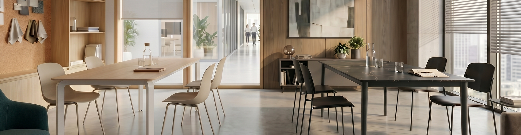 Wide view of a modern office space featuring a light wood meeting table on the left and a black table setup on the right