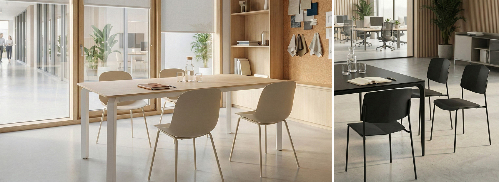 Side-by-side comparison of modern office meeting tables and chairs in light wood and matte black finishes.