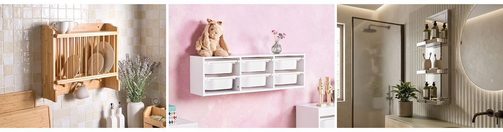 Different types of shelves in different rooms: the kitchen, the living room and the bathroom