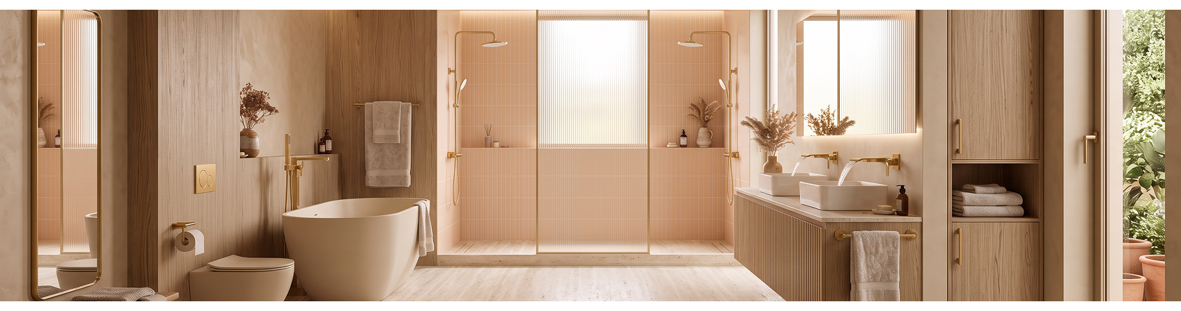 Modern bathroom with gold bathroom fittings, freestanding bathtub, walk-in shower, double vanity and wooden storage cabinets
