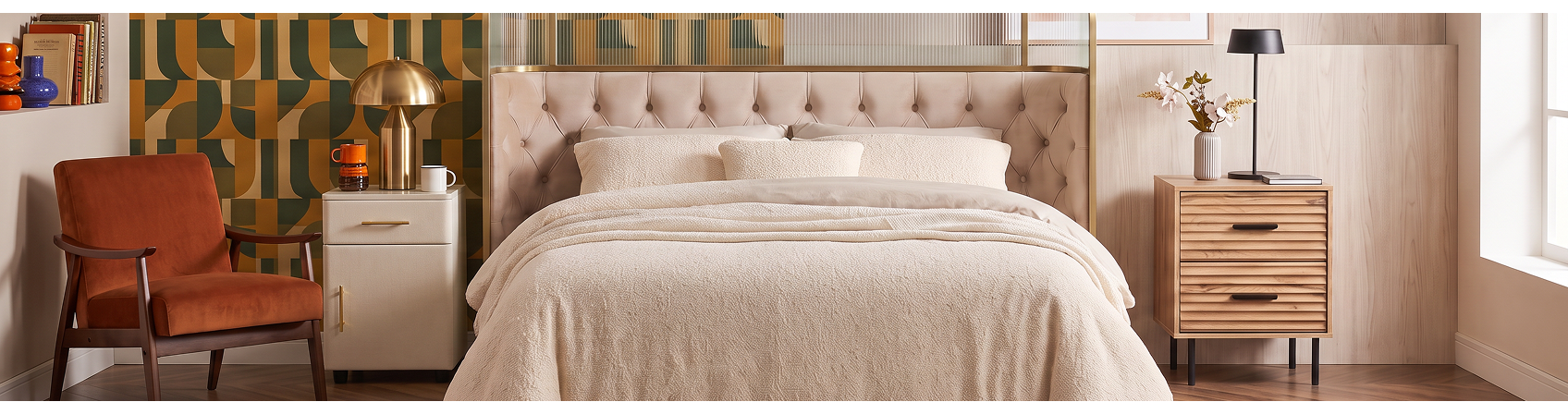 Two bedside tables displayed on either side of a modern bed in a bright, contemporary bedroom with elegant accessories