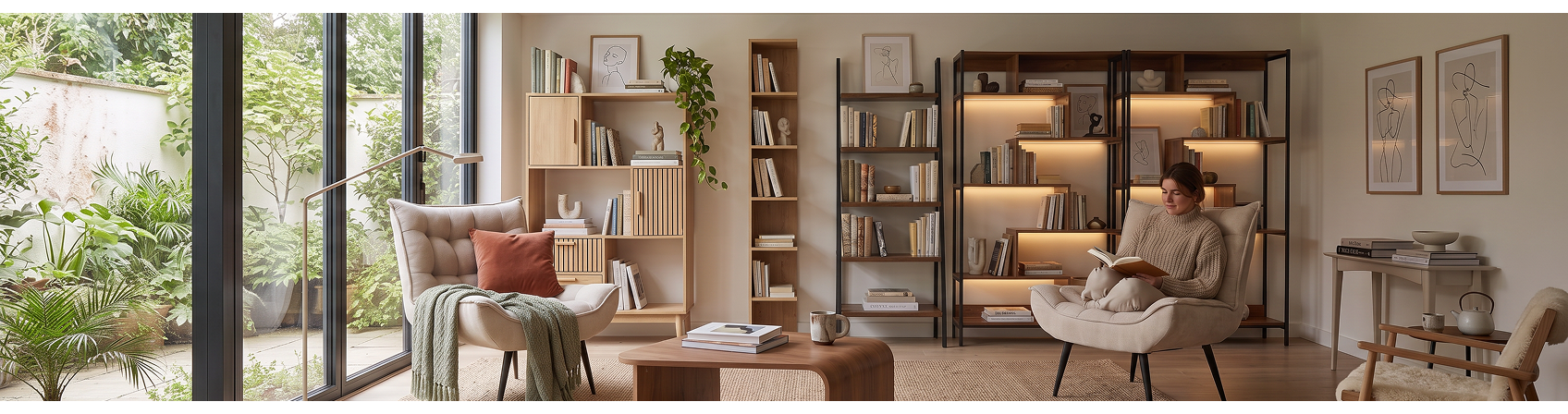 Modern living room with wooden bookcase and illuminated shelving units, creating a cosy reading corner with armchairs and contemporary décor.