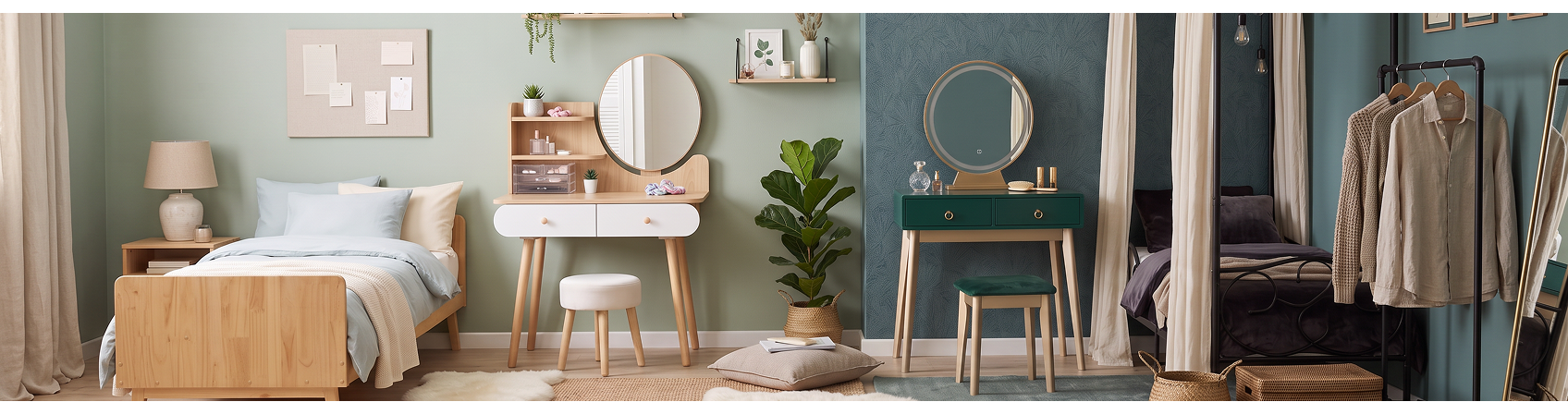 Two dressing tables with round mirrors and stools styled in modern bedrooms with beds, storage and decorative accessories
