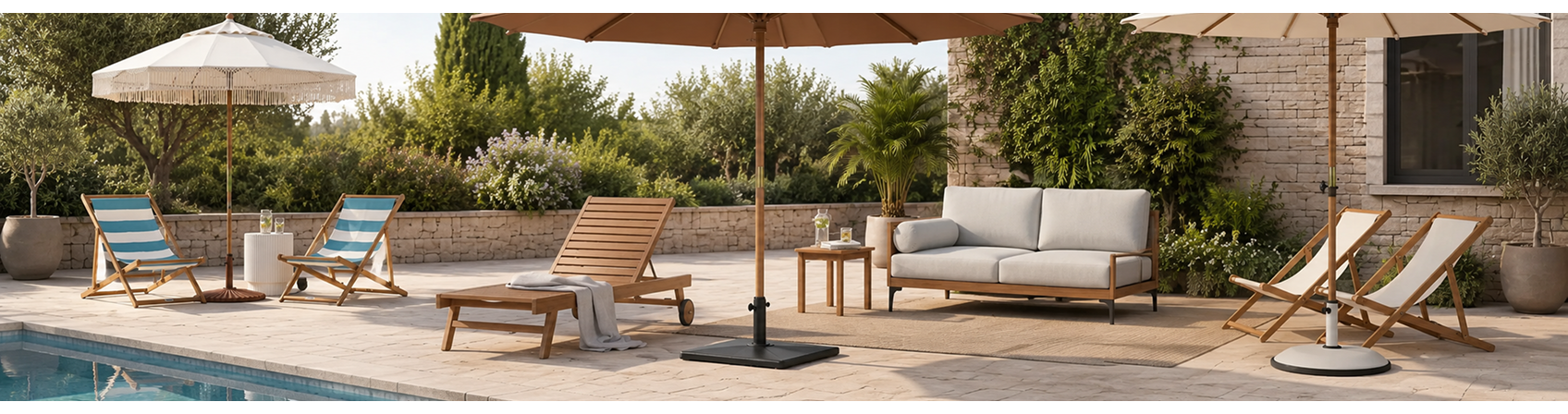 banner photo showing parasols with bases on the patio