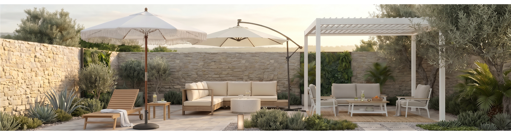 image showing garden with parasols and pergola