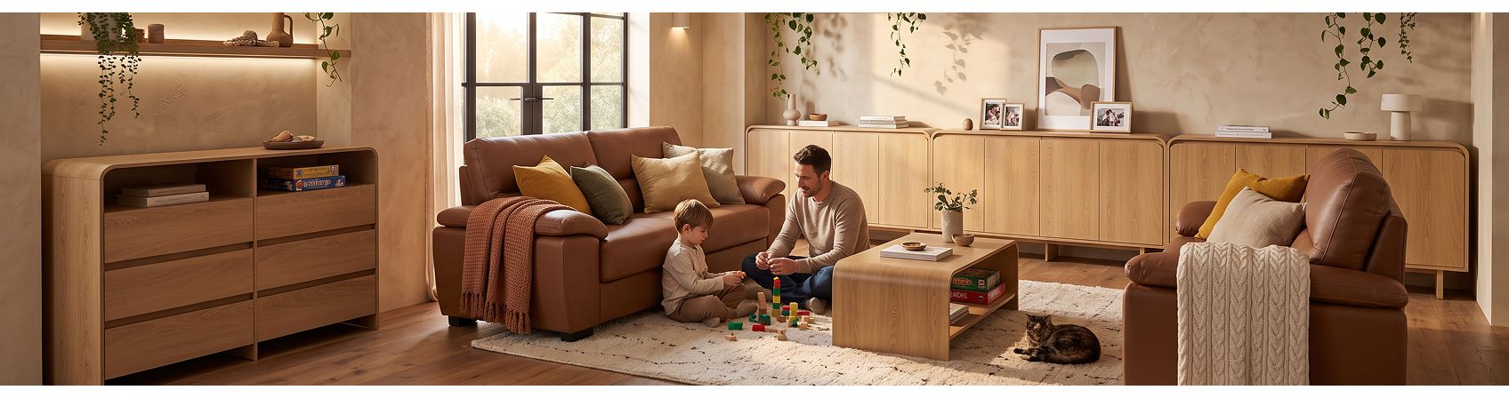A stylish living room with a wooden sideboard, a chest of drawers and modern furniture in warm, neutral colours.