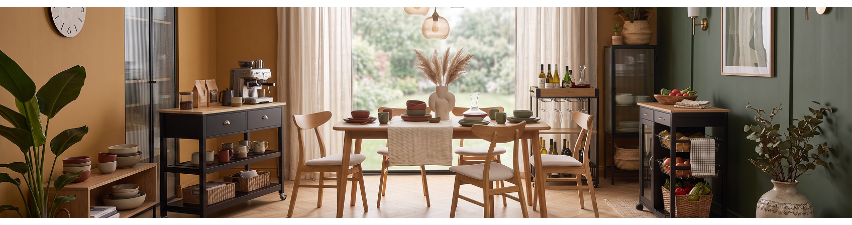 Bright modern dining room featuring multiple kitchen trolleys in a variety of styles