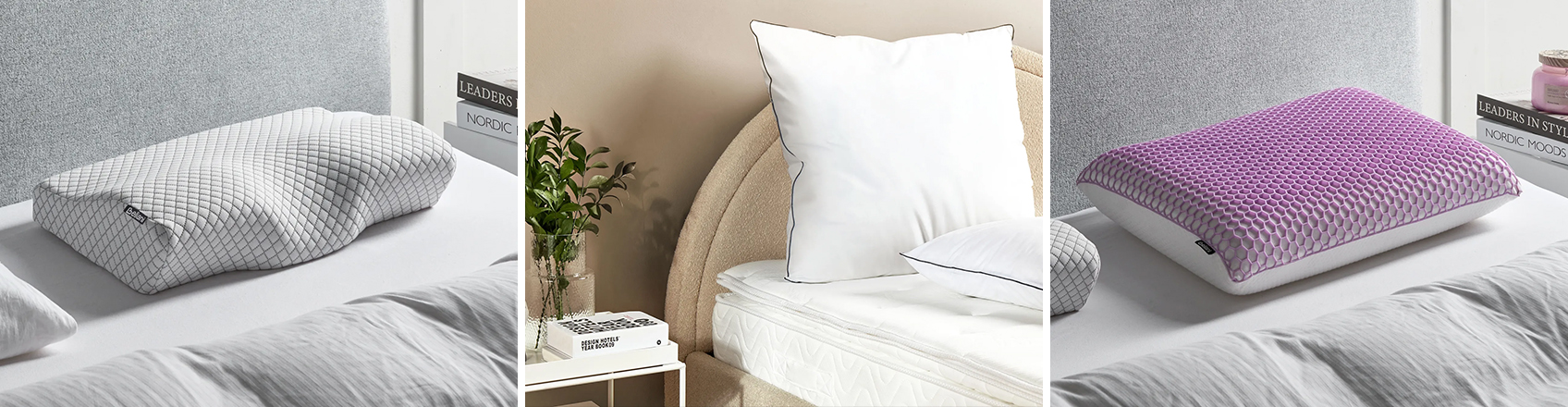 image showing 3 different bed pillows