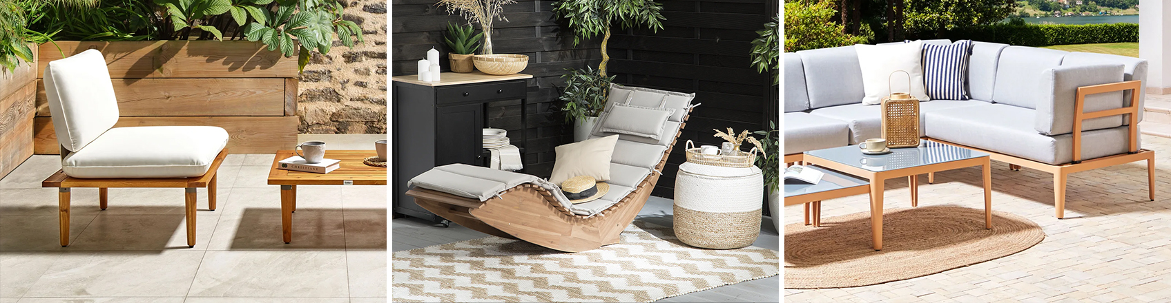 image showing 3 outdoor setups including cushioned seating ideas