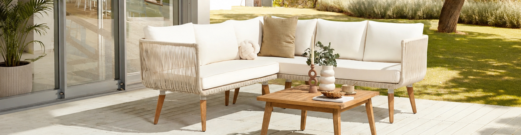 image showing outdoor setup with garden sofa with cushions