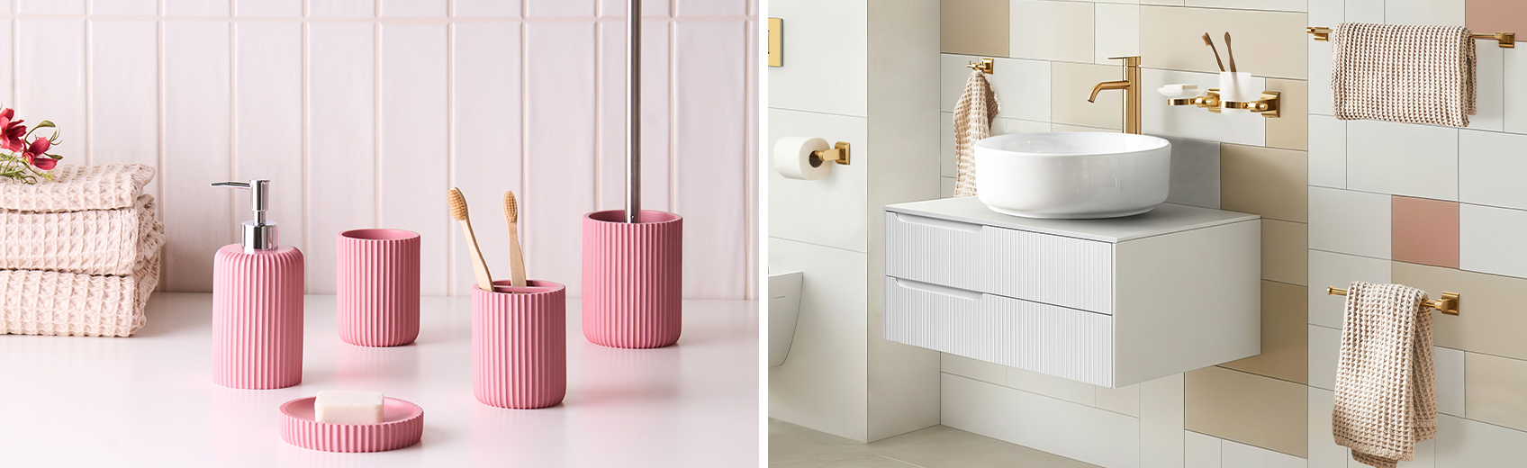 Bathroom accessory and hardware sets in various colours and finishes