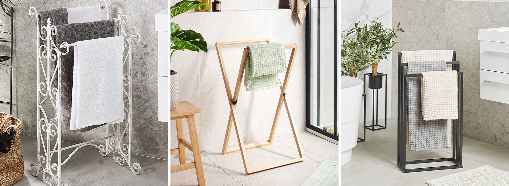 Stylish metal and bamboo towel racks and stands for the bathroom