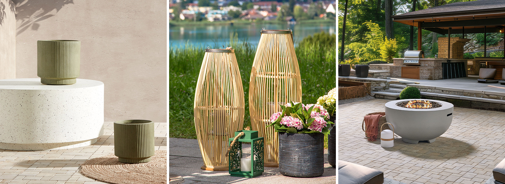 A three-panel collage of outdoor garden decor: the left panel shows ribbed olive-green plant pots on a modern patio; the middle panel features tall, teardrop-shaped woven bamboo lanterns by a lake; the right panel displays a round grey concrete fire pit lit on a paved terrace.
