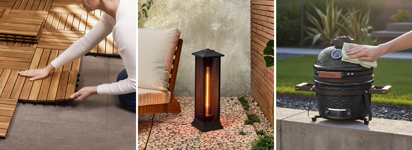 A three-panel collage showing outdoor lifestyle and maintenance: the left panel shows hands interlocking modular wooden decking tiles; the middle panel features a glowing black tower patio heater; the right panel shows a hand wiping down a small black ceramic Kamado barbecue grill.