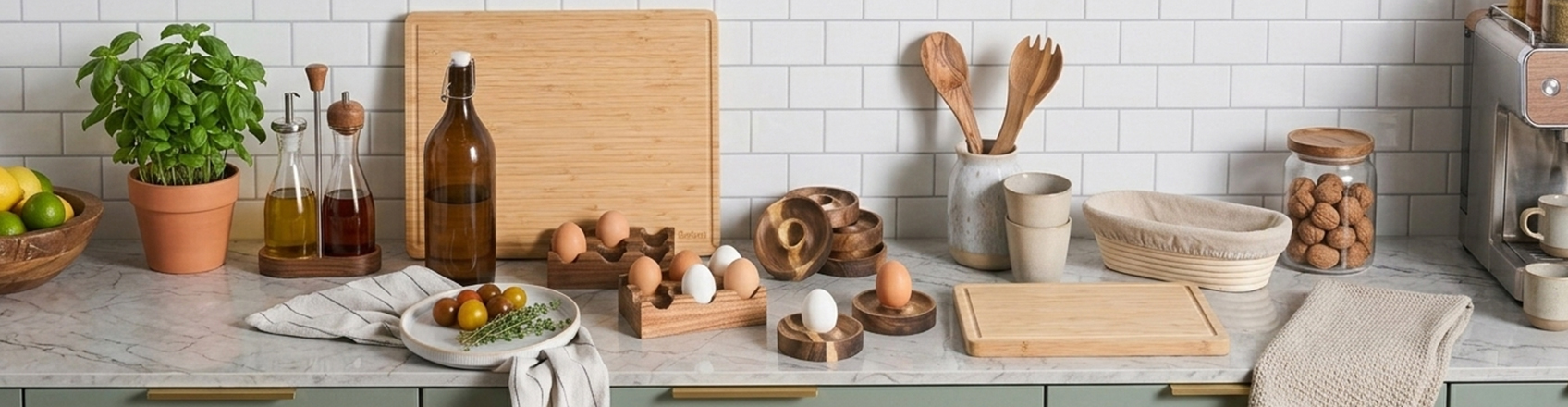 Modern kitchen organisers including egg holders, dish racks, spice boxes and other containers