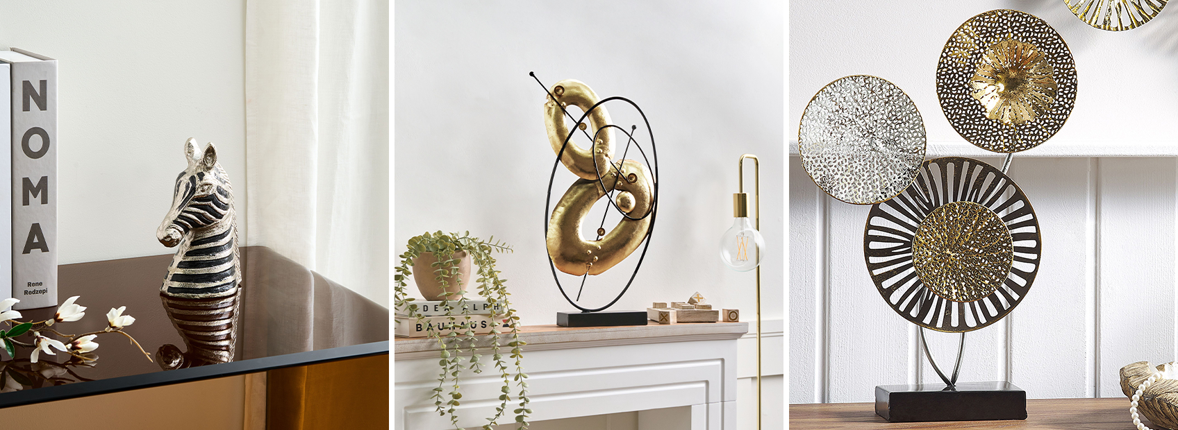 A picture of different onraments & figurines, featuring animal sculptures, geometric shapes and abstract designs.