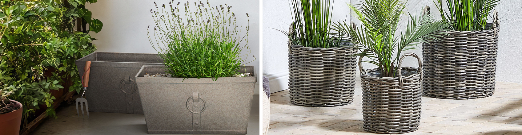 Collage showing garden planters: the left panel features classic grey rectangular trough planters with decorative metal rings, one planted with lavender; the right panel shows three woven grey rattan basket planters with handles, holding green ornamental grasses and a palm plant.