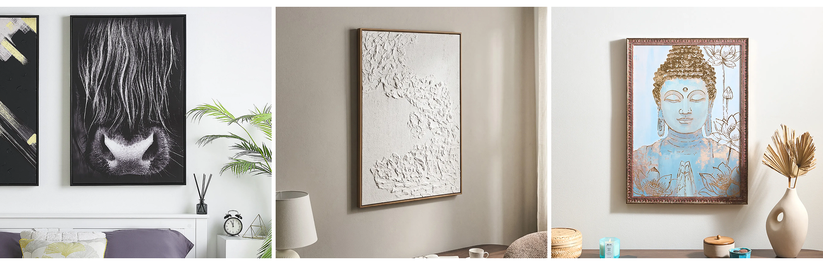 A collage showcasing three paintings: one featuring a cow, an abstract one and one with a Buddha motif.