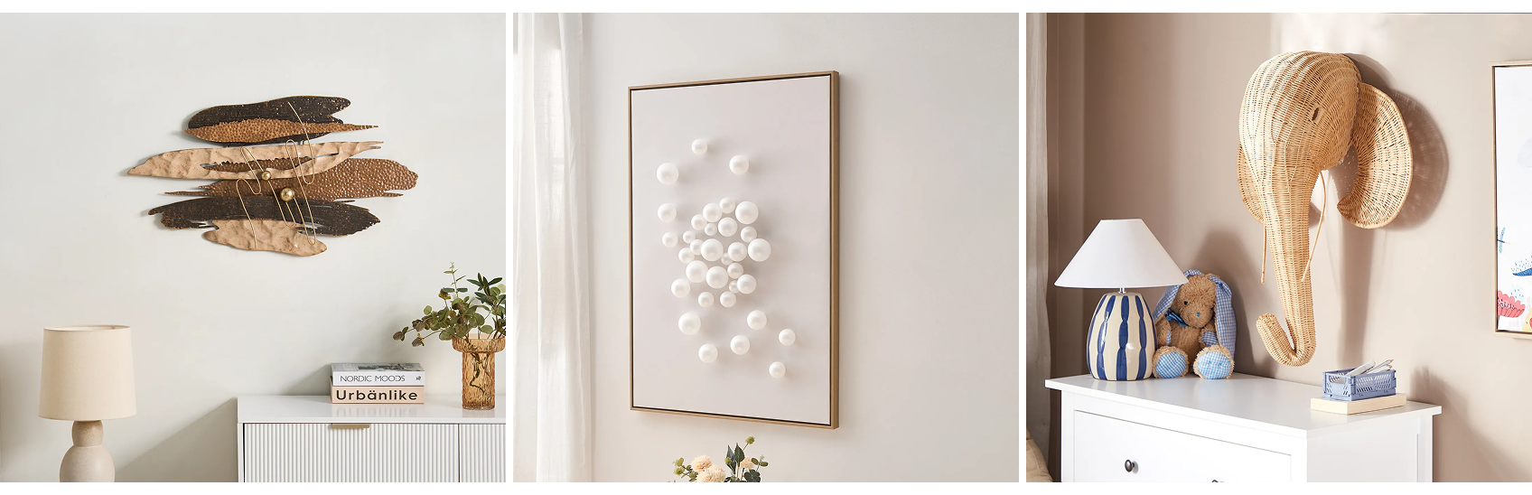 A collage showing three types of wall decor; one made of metal, another of synthetic material and the last one made of rattan.