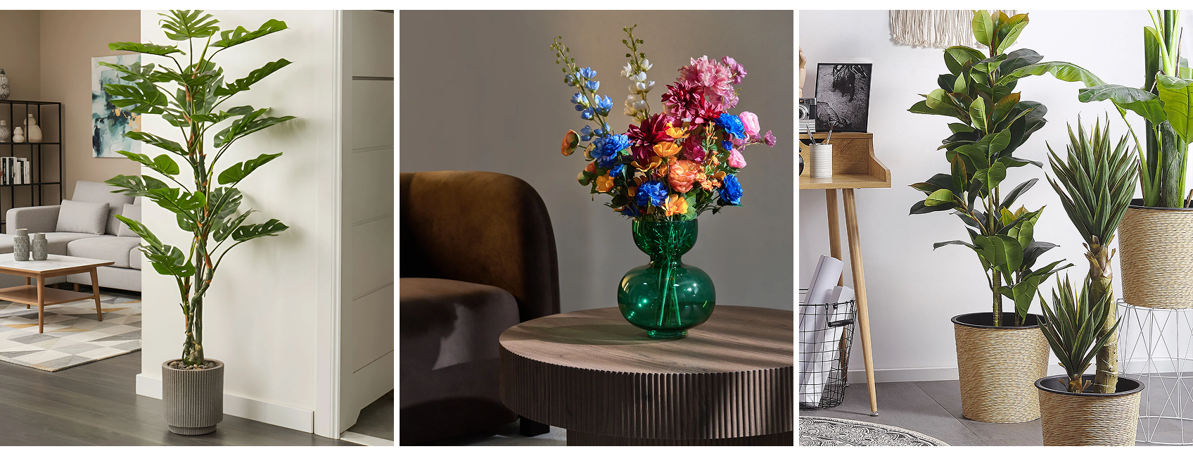 A collage showing three different types of artificial plants indoors.