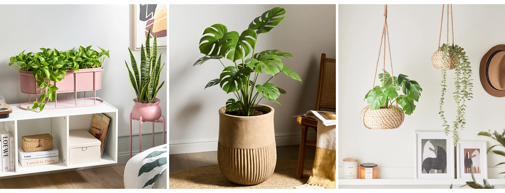 A collage showing three types of plant pots - a plant stand, a clay planter and hanging seagrass pots.
